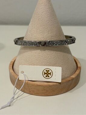 Tory Burch Silver Pavé Logo Hinged Bangle with Crystals